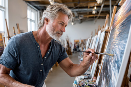 A skilled artist focuses on painting a seascape with vibrant colors in a well-lit art studio, surrounded by canvases.の素材