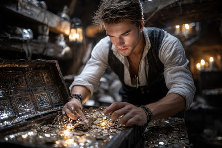 A treasure hunter inspects sparkling coins ancients in a dark cave lit by flickering lanterns.の素材