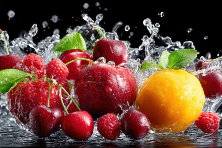 Assortment of colorful fresh fruits splashed with water against a black backdropの素材