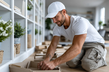 A man in a white t-shirt and cap carefully arranges boxes on the floor of a contemporary living room filled with plants.の素材