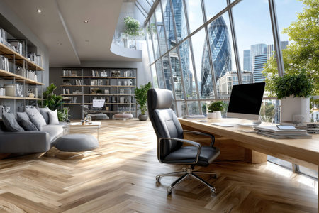 A modern office interior with city views, wooden furniture, bookshelves, and seating areaの素材