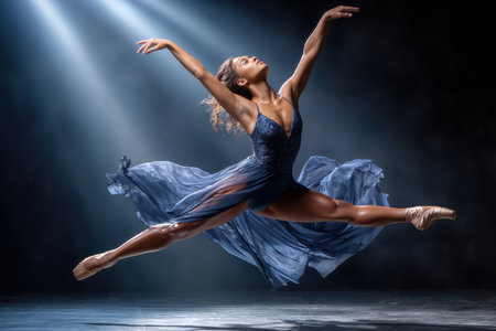 A ballerina leaps gracefully across a dimly lit stage in a flowing blue dressの写真素材