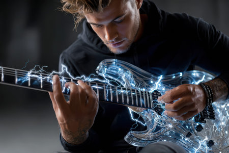 A musician plays a glowing transparent electric guitar, creating a captivating atmosphere.の写真素材