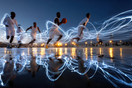 Basketball players move dynamically across a wet court at night with light trailsの写真素材