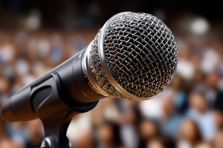 A microphone is positioned in the foreground as audience members gather in an auditorium, eager for the event to start.の素材