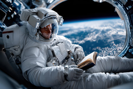 An astronaut sits comfortably, immersed in a book, with Earth visible through the window in low orbit.の素材