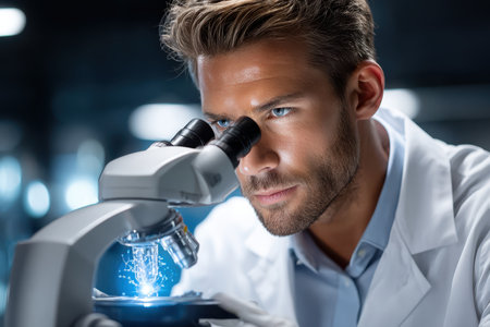 A dedicated scientist focuses intently on samples through a microscope in a lab, unveiling details crucial for research.の素材