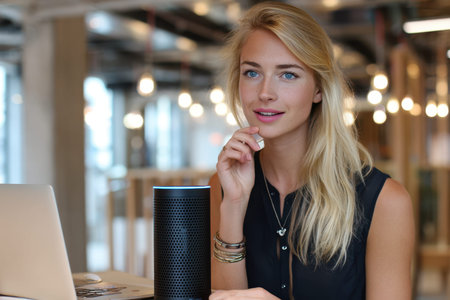 Woman with long blonde hair interacts with smart speaker while sitting at a desk in a contemporary office.の素材