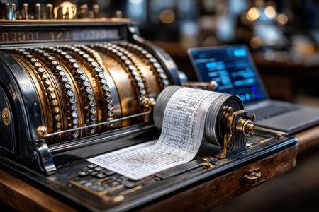 An antique cash register sits next to a laptop in a contemporary office setting, blending old and new.の素材