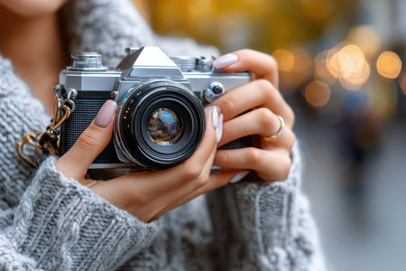 A person is holding a vintage camera, ready to capture beautiful autumn scenery in a vibrant location.の素材