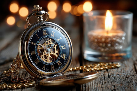 A gold pocket watch with a chain lies open on a wooden surface near a lit candleの素材
