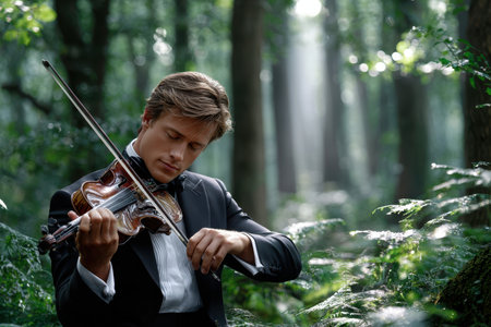 A musician captivates nature with a violin performance amidst tall trees and soft sunlight filtering through leaves.の素材