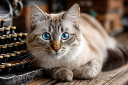 A fluffy cat with blue eyes relaxes by an old typewriter on a wooden table, showing his playful curiosity.の素材