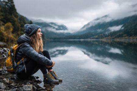 A woman sits on rocks by a calm lake, surrounded by mountains and clouds, embracing serene nature.の素材