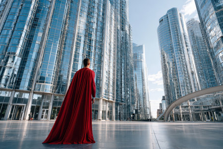 A person dressed in a striking red cape gazes at towering glass skyscrapers in a bustling urban setting.の素材