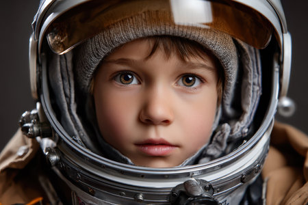A young boy wears an astronaut helmet and suit, displaying curiosity and wonder in a cozy environment.の素材