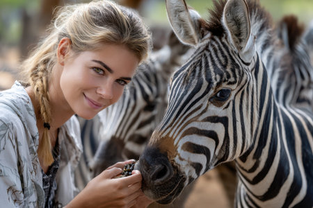 A young woman feeds and pets a zebra, enjoying the connection in a natural environment.の素材