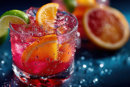 Closeup of a red cocktail with ice and citrus garnishesの素材