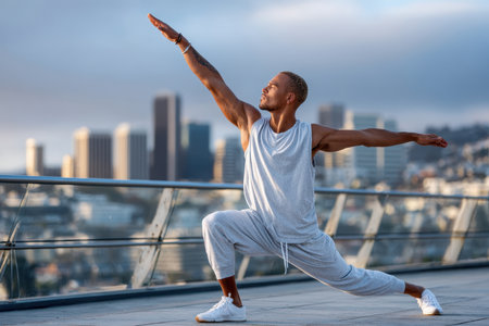 Individual performs a yoga pose on a rooftop overlooking an urban skyline during sunrise.の素材