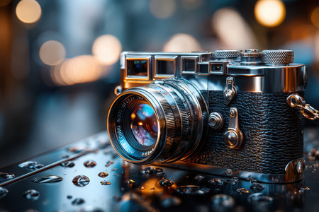 A close-up of a vintage camera, under soft, ambient light, shot with a macro lens, evoking a sense of nostalgia and creativityの素材