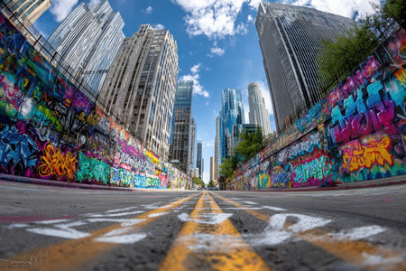 A fisheye view of colorful graffiti under towering city buildingsの素材