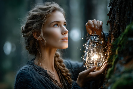 A woman stands in a forest, clutching a glowing lantern while gazing upwards, surrounded by trees.の素材