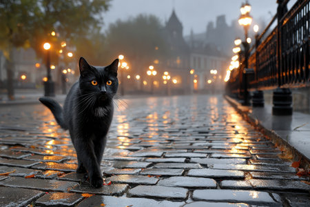 A solitary black cat strolls down a rain-slicked cobblestone path, illuminated by streetlights at twilight.の素材