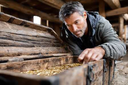 A treasure hunter inspects an ancient chest overflowing with gold coins in a rustic wooden cabin.の素材