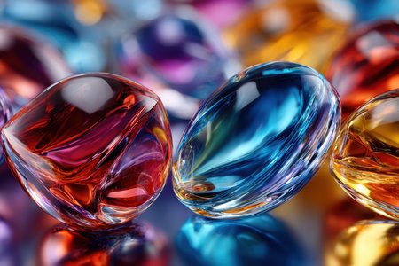Colorful abstract glass shapes with reflections on a surfaceの素材