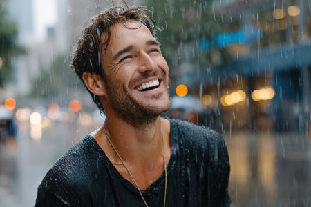A man is laughing joyfully as rain pours down around him in a bustling city.の素材
