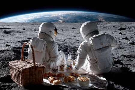 Two astronauts sit on the moon's surface, having a picnic while Earth shines brightly in the distance.の素材