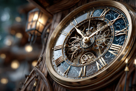 Closeup of ornate golden clock face with visible gearsの素材