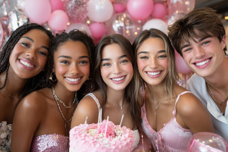A vibrant group of friends joyfully celebrating at a birthday party decorated with pink balloons and treats.の素材