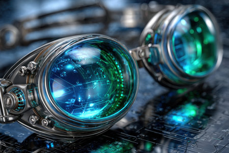 A pair of futuristic goggles rests on a circuit boardの素材