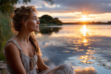 A young woman sits by the lake, reflecting on the beauty of the sunset as it casts warm colors across the water.の素材