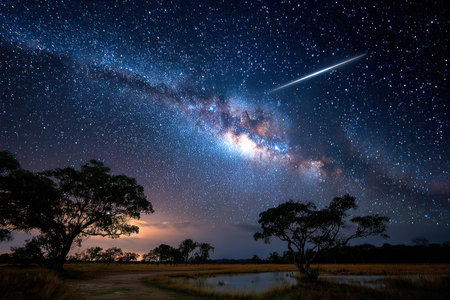 A breathtaking view captures the Milky Way shining brilliantly in the night sky with a shooting star above trees.の素材