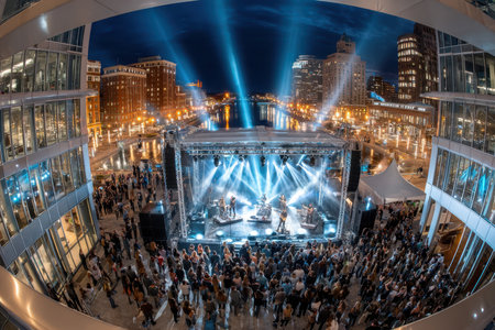A band plays on an outdoor stage at night by a river in a cityの素材