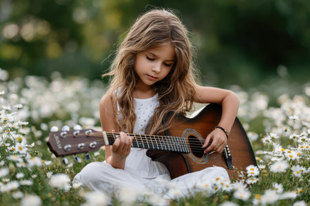 A young girl sits peacefully among blooming daisies while gently strumming her guitar in a vibrant, natural setting.の素材
