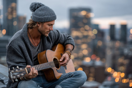 A musician sits on a rooftop, strumming an acoustic guitar as the sun sets behind the city skyline.の素材