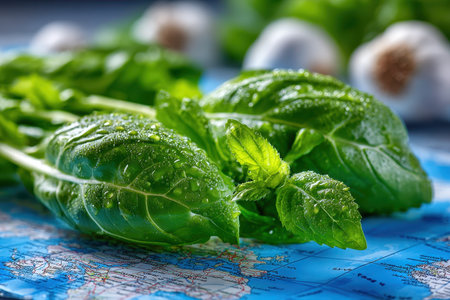Fresh basil and mint leaves rest on a world map with garlic bulbs in the backgroundの素材
