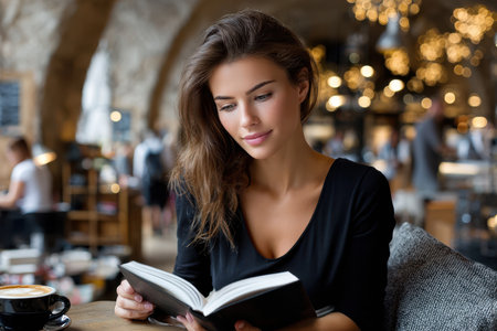 A woman enjoys reading her book in a cafe, surrounded by warm lights and fellow patrons during the day.の素材