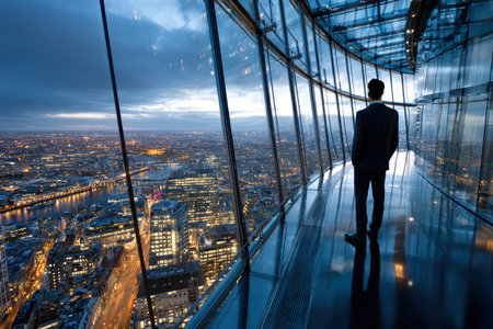 A man in a suit stands by a large window overlooking the city skyline at dusk, surrounded by glass architecture.の素材
