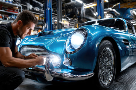 Mechanic works on the headlight of a classic blue carの素材