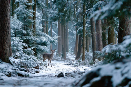 A young deer stands on a snowy path in a tranquil winter forestの素材