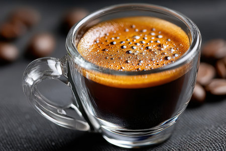 A glass cup filled with espresso sits on a dark surfaceの素材