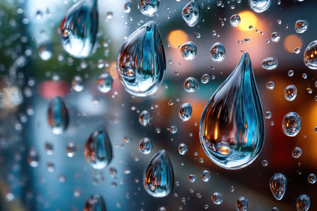 Closeup of raindrops on glass with a blurred backgroundの素材