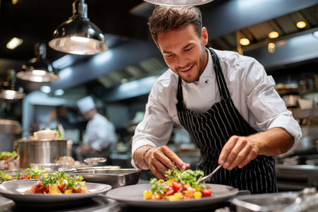 Professional chef artfully garnishes a vibrant plate of food in a lively restaurant kitchen atmosphere.の素材