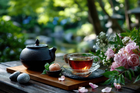A cup of tea and teapot sit on a wooden tray with flowers in a gardenの素材
