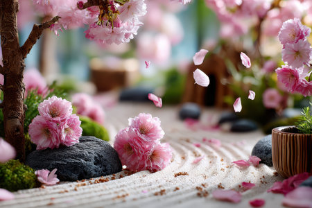 Pink cherry blossoms and petals adorn a miniature zen garden with raked sandの素材