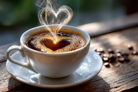 A white cup of coffee with heart-shaped steam sits on a rustic wooden tableの素材